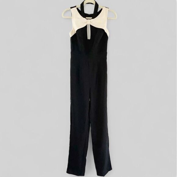 Anthropologie Foxiedox Cut Out Contrast Bow Halter Harlow Tuxedo Jumpsuit L NWT - Picture 2 of 16